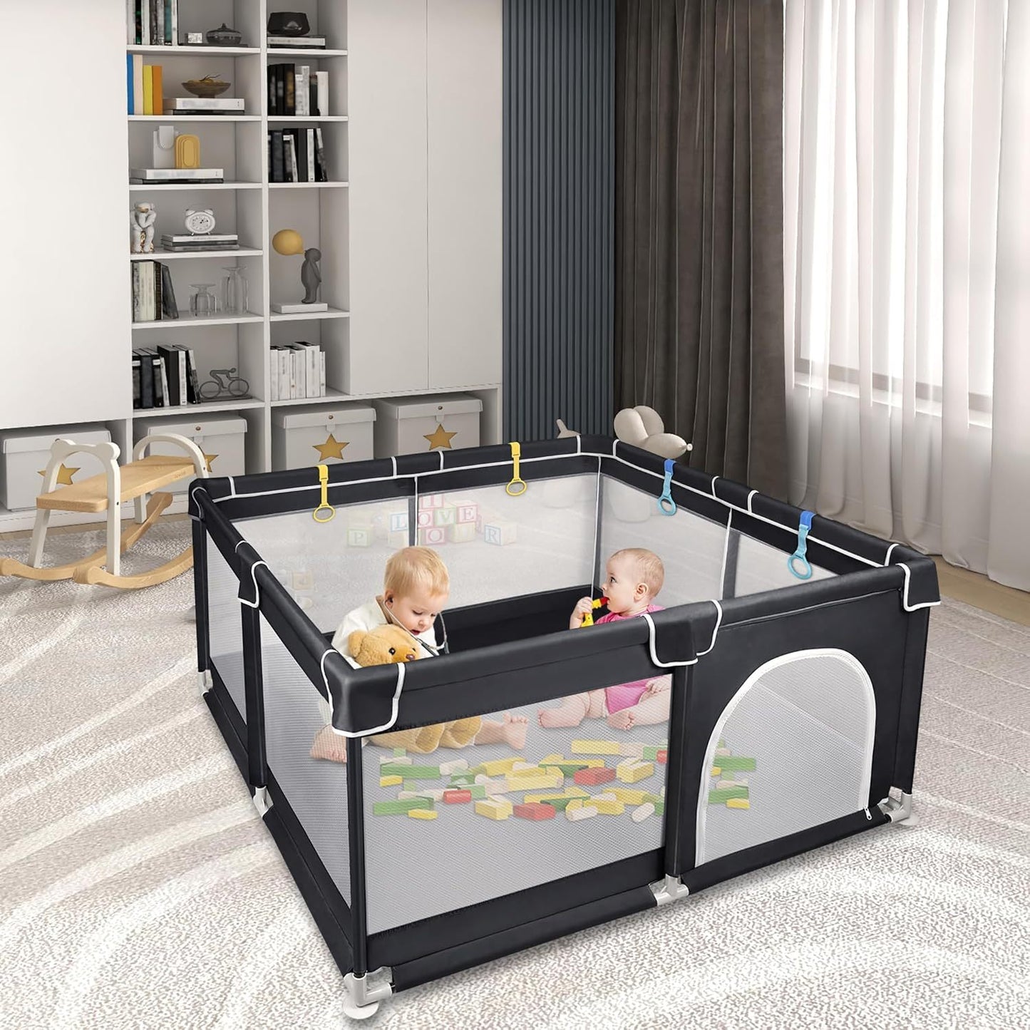 Laufgitter, Baby-Tor, Sicherheitstür, Barriere Aktivitätszentrum, Aktivitätszentrum, Schwarz, mit Sicherheitstür Krabbelgitter, mit rutschfester Basis, atmungsaktivem Netz und Ozeanball