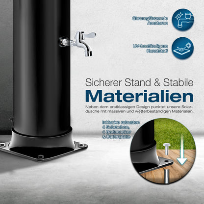 tillvex® Solardusche 20 - 60 Liter inkl. Abdeckung Solar Gartendusche Solar für draußen Pooldusche Komplettset warmes Wasser Camping ohne Stromanschluss mit Wasserhahn Gartenschlauch-Anschluss