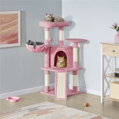 Costoffs 107 cm Kratzbaum mit Aussichtsplattform & Katzenhöhle & 5 Sisalstämme & Liegemulde & Kratzbrett & Hängendem Plüschball Katzenmöbel
