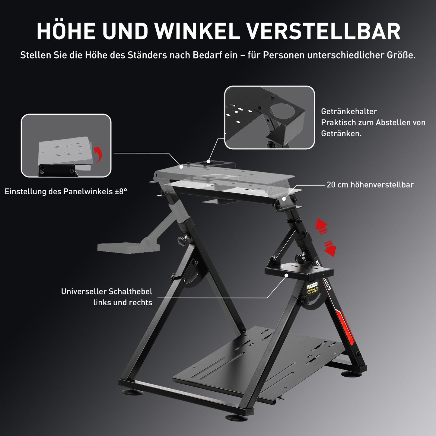 Lenkradständer für Lenkrad Gaming Wheel Stand Racing Lenkradständer mit V1 V2 Schalthebelhalterung, integriertem Getränkehalter, neigungsverstellbarem Gestell