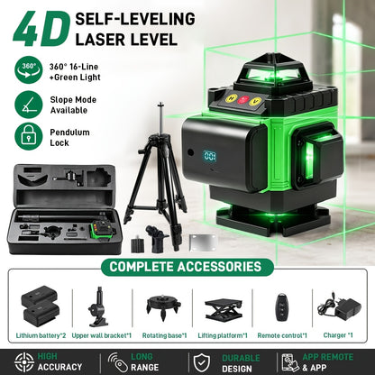 1 Set 16 Linien Laser Waterwaage 360 Automatisches Nivellieren, 4X360° Grüne Kreuzlinien Laser Waterwaage Werkzeug für Bau und Bilder Aufhängen, 4D Laser Waterwaage mit 2 Wiederaufladbaren Batterien