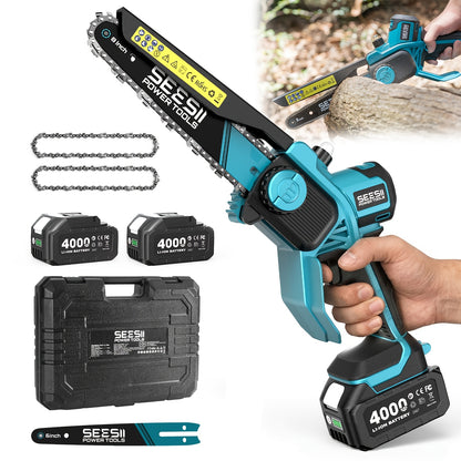 SEESII Akku Mini Kettensäge 8-Zoll/6-Zoll, Akku-Elektro-Kettensäge mit Schmierstoffinjektor und 2 Stück 4.0Ah Akkus, Elektro-Kettensäge mit Ölreservoir und austauschbarer Kette, tragbare Akku-Kettensäge zum Beschneiden von Gartenbäumen