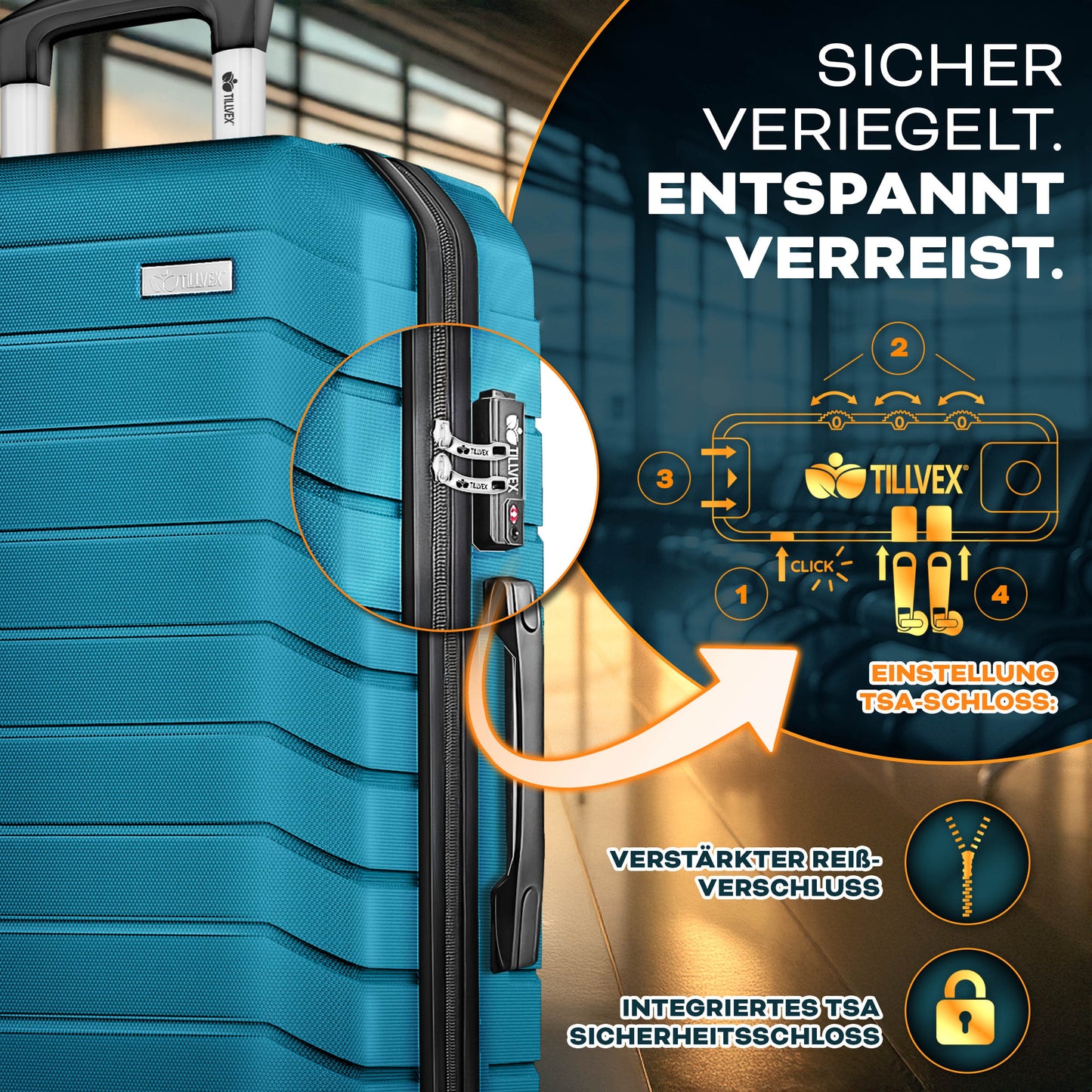 tillvex® Reisekoffer Set + Gepäckwaage, Koffergurte & Kofferanhänger | Kofferset 4 Rollen | Trolley Gepäck Koffer TSA Schloss | Hartschalenkofferset