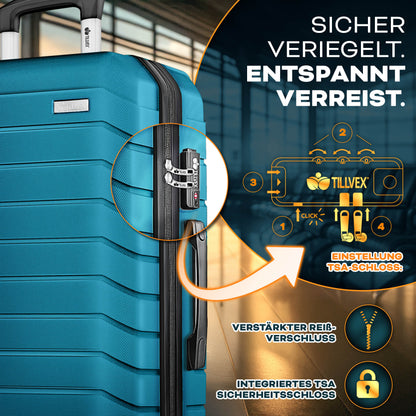 tillvex® Reisekoffer Set + Gepäckwaage, Koffergurte & Kofferanhänger | Kofferset 4 Rollen | Trolley Gepäck Koffer TSA Schloss | Hartschalenkofferset