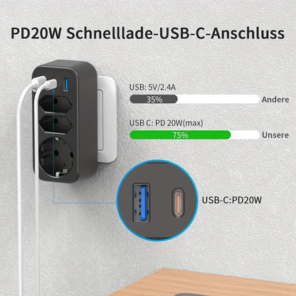 6-in-1 Multifunktions-Steckdosenleiste, 3 AC-Steckdosen + 2 USB-A + 1 USB-C Anschlüsse (20W PD Schnellladung), Kompaktes Design mit Überspannungsschutz, Ideal für Reisen, Büro, Wohnzimmer, Schlafzimmer und verschiedene tägliche Szenarien