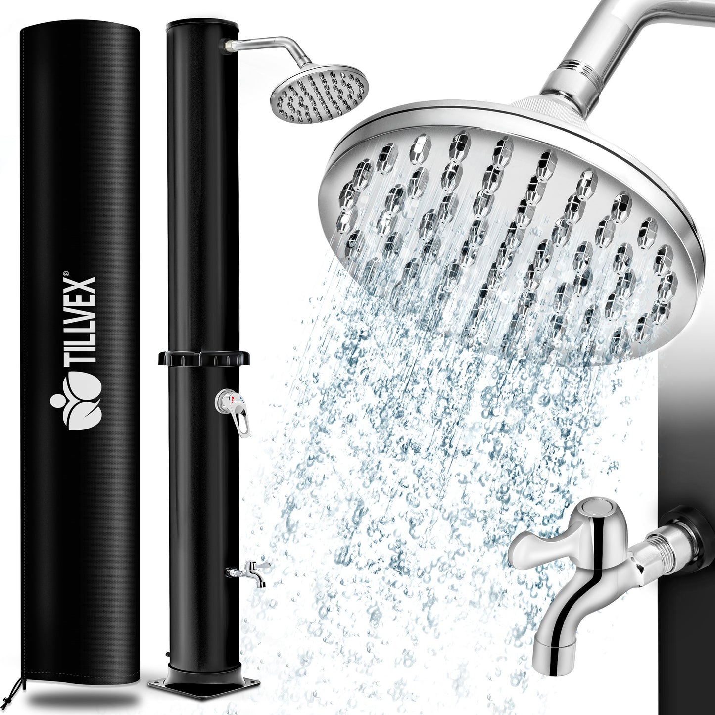 tillvex® Solardusche 20 - 60 Liter inkl. Abdeckung Solar Gartendusche Solar für draußen Pooldusche Komplettset warmes Wasser Camping ohne Stromanschluss mit Wasserhahn Gartenschlauch-Anschluss
