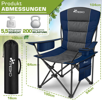 TRESKO® Campingstuhl Faltbar bis 200kg | Faltstuhl mit Kühltasche, Getränkehalter & Seitentasche | Klappstuhl XXL inkl. Tragetasche | Angelstuhl gepolstert für Outdoor, Angeln, Festival & Garten