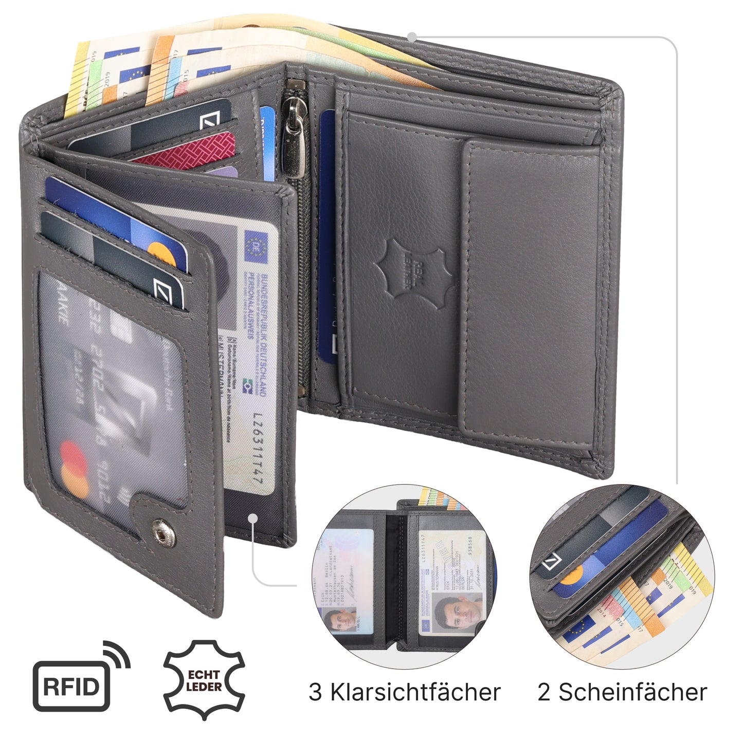 Leder Geldbörse Herren Portemonnaie RFID Hochformat Geldbeutel Echtleder Grau
