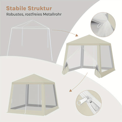 1 Stück Pavillon, 3 x 3 m, Gartenpavillon mit Seitenwand-Moskitonetz, Metall-Gartenhaus-Pavillon, Partyzelt, Strandunterstand, Outdoor-Pergola, Sonnenschutz, UV-Schutz, geräumig, einfach zu montieren, für Garten, Terrasse, Hof, beige, blau