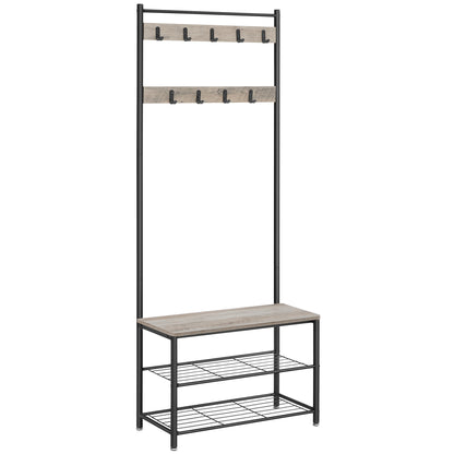 Garderobenständer, Kleiderständer mit Schuhablagen, Schuhregal mit Sitzfläche, für Flur, mit Haken, 3 Ablagen, aus Metall, Höhe 177 cm, Industrie-Design