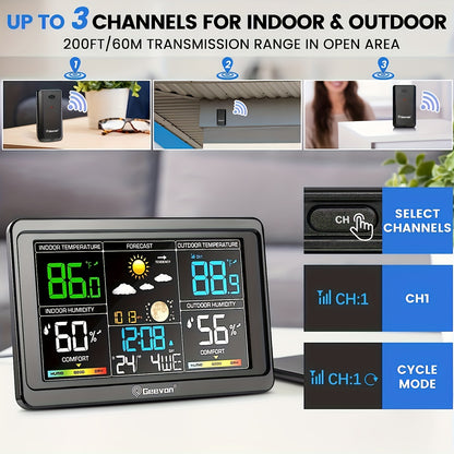 Geevon Wetterstation Drahtloser Innen-  Außenthermometer, Farbdisplay-Wetterthermometer, Digitales Temperaturmessgerät mit Barometer, Kalender, USB-Ladefunktion  einstellbarer Hintergrundbeleuchtung