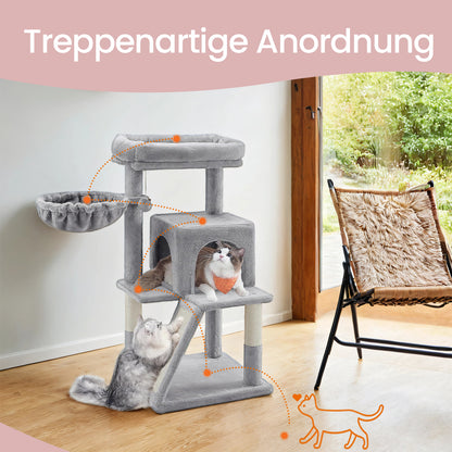 Katzenklettergerüst klein 96 cm hoch einem Kippschutz，Kratzbaum, Katzenbaum mit großer Plattform, Kratzsäulen, Höhlen, Plüschbälle, Einfache Montage,geeignet für Hauskatzen, Kätzchen