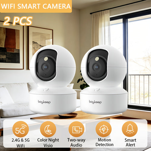 Set mit 2 Smart-Kameras, die auf 5G/2,4Ghz arbeiten und WLAN unterstützen, entwickelt für die Sicherheit im Innenbereich mit hochauflösender Überwachung, mit einer einzigartigen Sicherheitskamera für Haushalte, die 360° Panorama-Videoüberwachung und Nacht