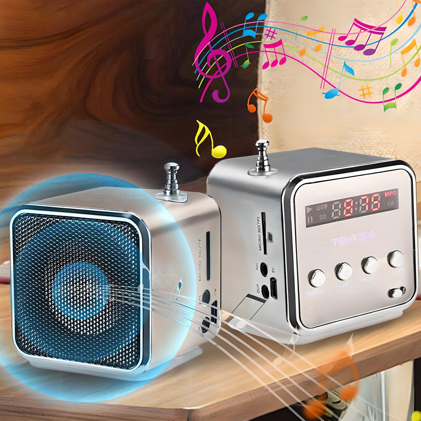 Kabelloser Lautsprecher mit UKW-Radio und LED-Hintergrundbeleuchtung, RETOO TechPro, tragbarer Mini-MP3-Player mit MicroSD-Kartenleser und USB-Anschluss, kompakter Lautsprecher mit integrierter Antenne und Akku, 3,5-mm-Klinkenanschluss für Kopfhörer, USB-