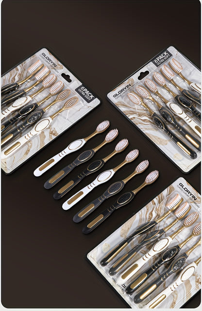 GLORYIN [6er Reiseset] [6er Set x 2] Weiß-goldene Serie Olivenförmiger rutschfester Griff Reisezubehör für Erwachsene und Paare, weiche Borsten Zahnbürste