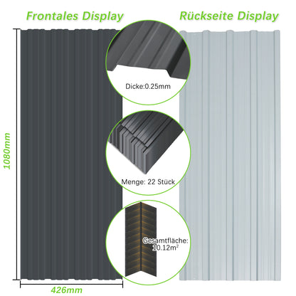 Verzinkte hochbelastbare Stahlwellbleche – 22 schwarze Trapezdachplatten (108x42,6cm, 0,25mm, 10,12m²), komplett mit Schrauben und Nägeln. Einfache Installation, vorübergehend abnehmbar für Außenkonstruktionen/Schuppen/Zäune/Wandverkleidungen.
