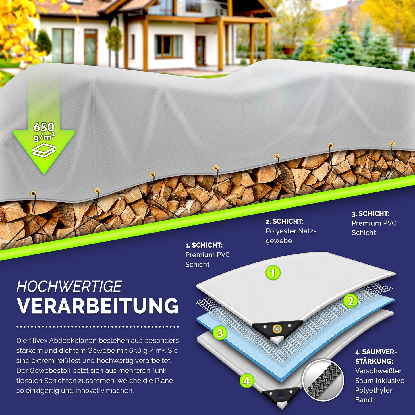 tillvex® Premium Abdeckplane 650g/m² Wasserdicht mit Ösen + 10x Spanngummi & 15m Seil | Gewebeplane Universell für Draußen, LKW, Pool, Holz Gartenmöbel | Premium PVC-Plane Reißfest | Gartenplane Abdeckung