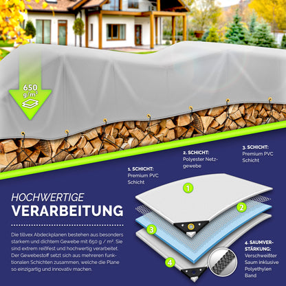 tillvex® Premium Abdeckplane 650g/m² Wasserdicht mit Ösen + 10x Spanngummi & 15m Seil | Gewebeplane Universell für Draußen, LKW, Pool, Holz Gartenmöbel | Premium PVC-Plane Reißfest | Gartenplane Abdeckung