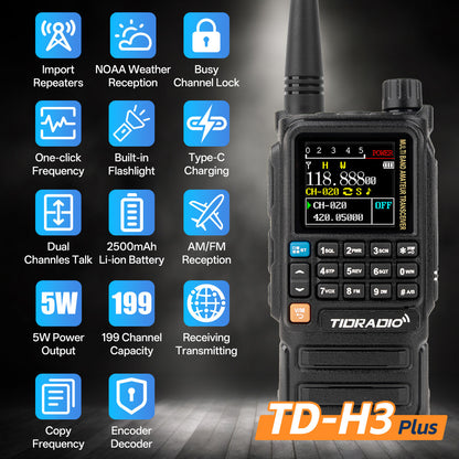 TIDRADIO H3 PLUS Amateurfunk-Handfunkgerät, Langstrecken-Sprechfunkgerät mit AM/FM, Kompatibilität mit kabellosen Kopfhörern, drahtlose Programmierung, wiederaufladbarer Akku, USB-C-Ladung, klare Gesprächsqualität, geeignet für Outdoor-Camping  Jagd
