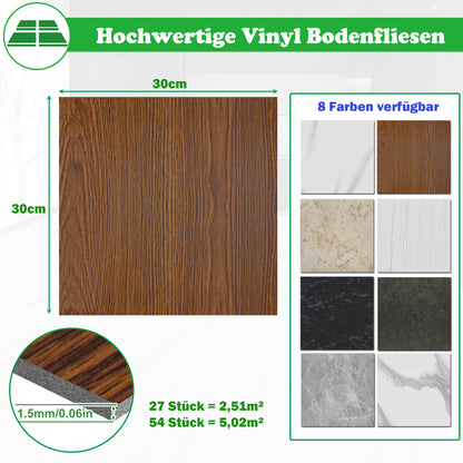 PVC-Bodenbelag, 30 x 30 cm, Vinylböden, selbstklebende Fliesen, Boden, rutschfeste Bodenfliesen für Wohnzimmer, Küche, Badezimmer (Packung mit 27/Packung mit 54)