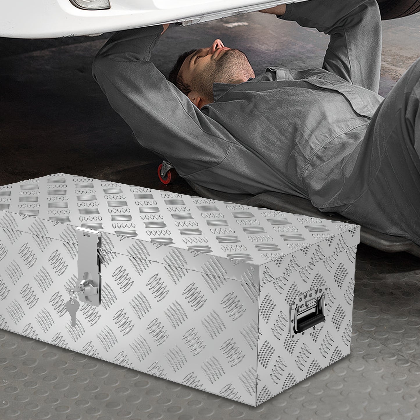 Truckbox Werkzeugkasten Aufbewahrungsbox Aluminiumkoffer Transportbox, Zugvorrichtungskasten für Autoanhänger LKW Nutzfahrzeuge Aufbewahrungsbox Werkzeugkasten Gurtbox Aluminiumbox 38L/60L/80L/170L Schwarz/Silberfarben