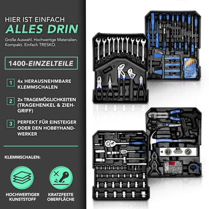 TRESKO® 1400 teilig Werkzeugkoffer Set Komplett | Werkzeugkasten Gefüllt | Werkzeugkiste XXL | Werkzeugtasche mit Werkzeug | Werkzeug Trolley | Chrom-Vanadium Stahl