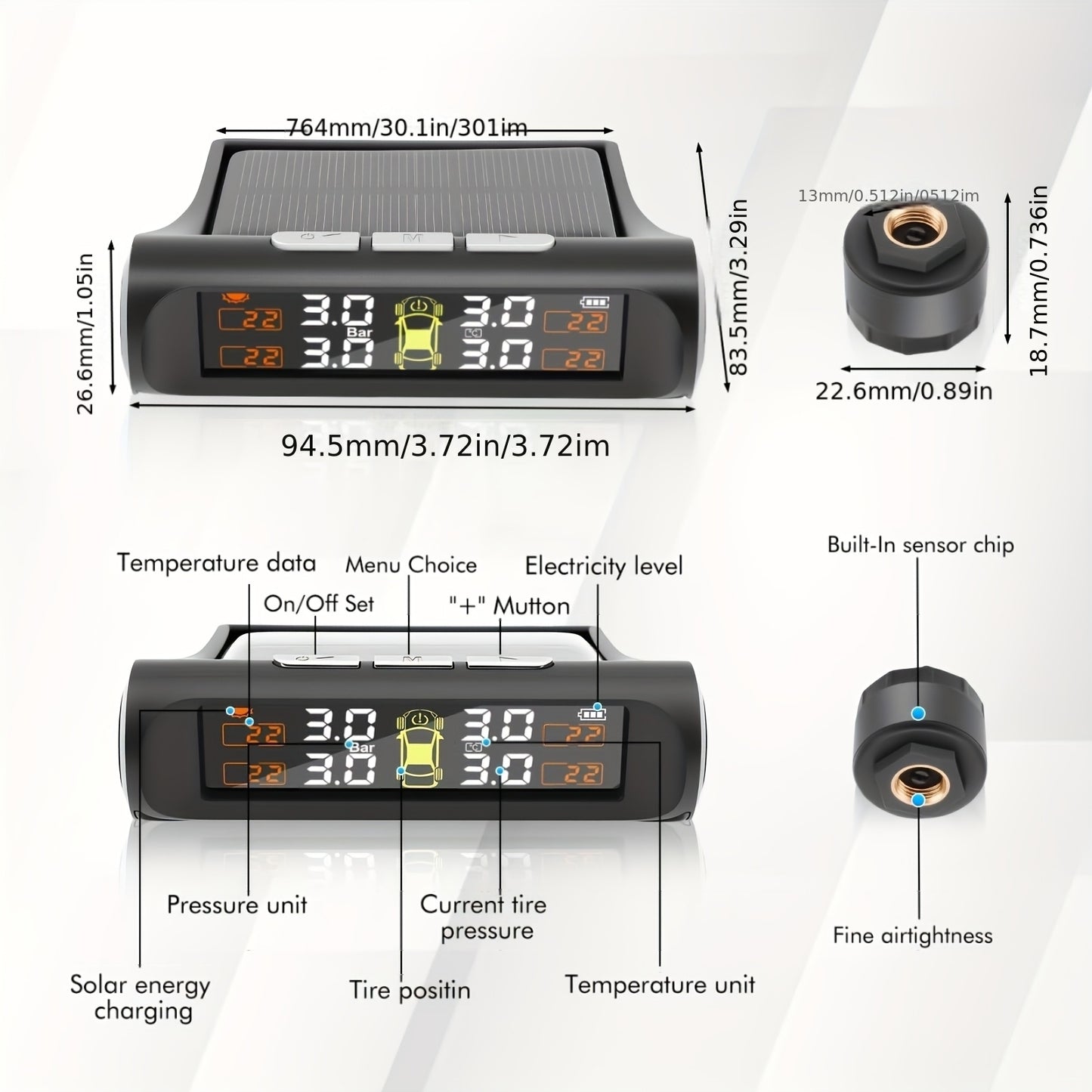 Universal Auto TPMS Reifendruckkontrollsystem, kabelloser externer Sensor, Solarladung, High Definition Digital, LCD Display Autoalarm