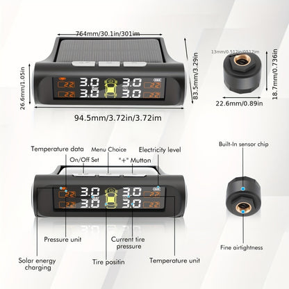Universal Auto TPMS Reifendruckkontrollsystem, kabelloser externer Sensor, Solarladung, High Definition Digital, LCD Display Autoalarm