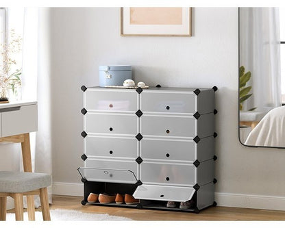 Schuhregal mit 10 Ebenen, Steckregal, Regalsystem, Schuh-Organizer, DIY-Regal, mit Tür, aus PP-Kunststoff