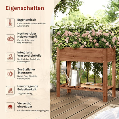 1 Stk. Hochbeet aus Holz, Pflanzbeet für den Garten, mit Blumenkasten-Aufbewahrungsregal, stabil, leicht zu reinigen, ergonomische Arbeitshöhe, einfache Montage, geeignet für Balkone, Gärten  Terrassen