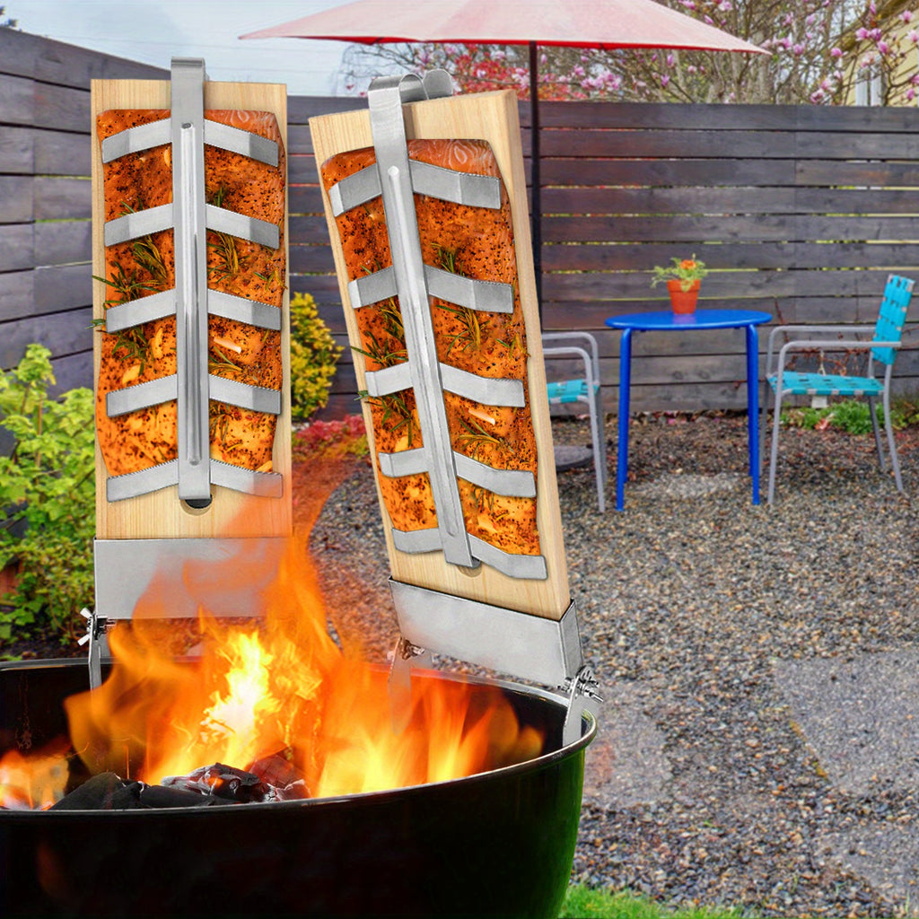Edelstahl Flammen-Lachsbrett-Halter, verstellbar für Feuerschalen und Alltag – Detailansicht 6
