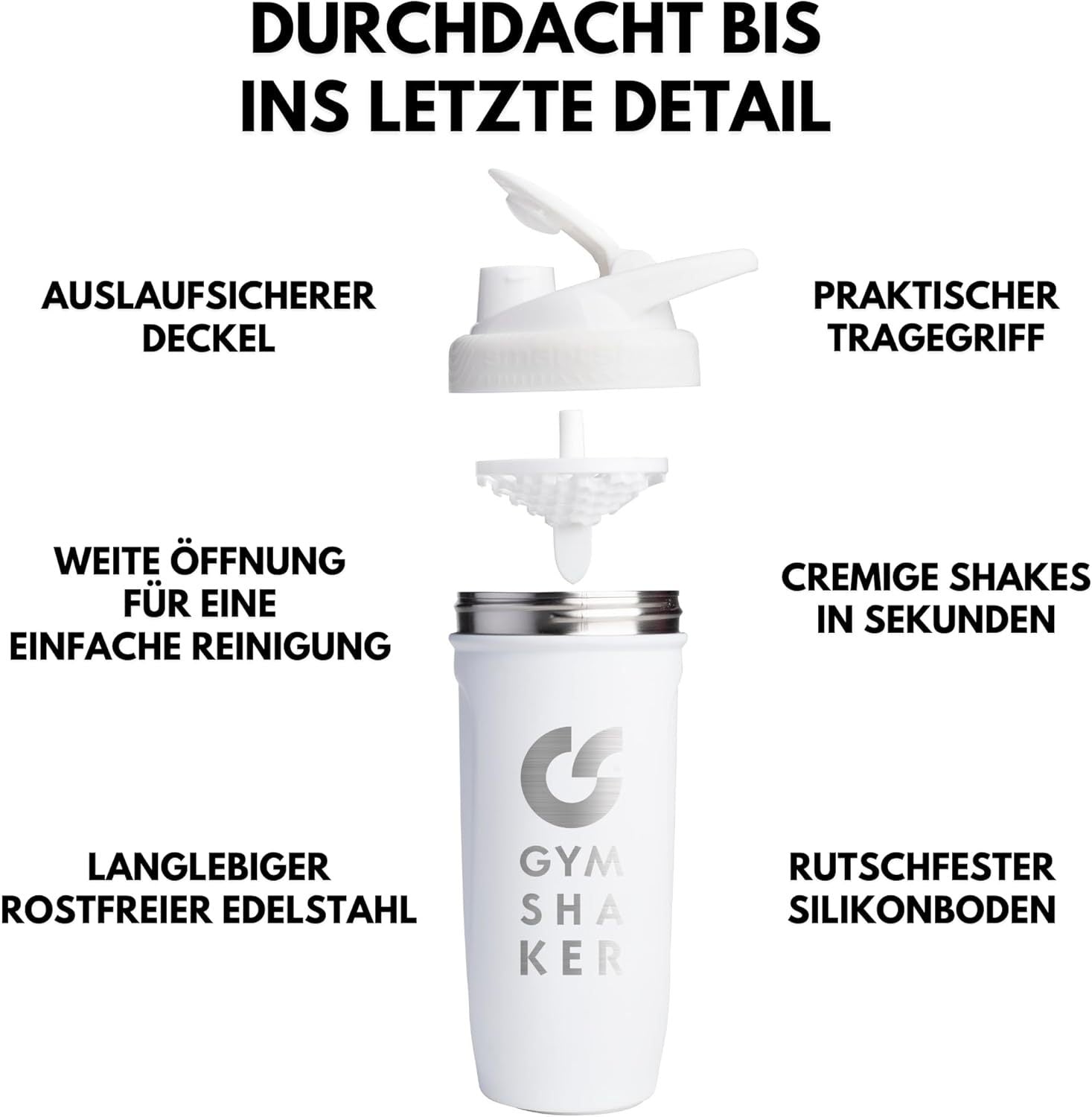 Edelstahl Protein Shaker, 900ml für cremige Shakes und Alltag – Detailansicht 24