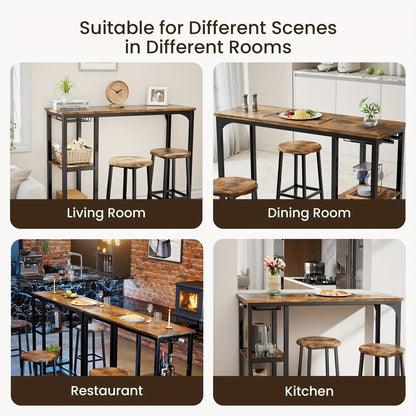 3-teiliges Bar-Tisch- und Stuhlset, modernes schwarzes Gusseisen-Bar-Tischset mit 2 Hocker, industrielles Tisch- und Barhocker-Set, Holzplatte, rechteckiger Pub-Tisch mit Ablagen und Glashalter, für Küche, Wohnzimmer, leicht zu reinigen und zu montieren