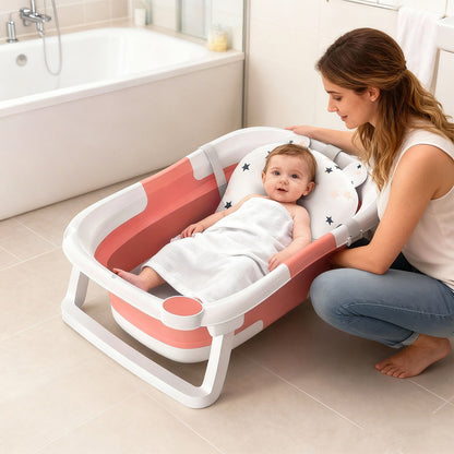 Cochildor Klappbare Babybadewanne mit weichem Kissen & rutschfester Matte – Tragbare zusammenklappbare Badewanne für Säuglinge 0-12 Monate, Badewanne (60,5x43x20,5cm), reisefreundliches Badebecken (Rosa/Grau)