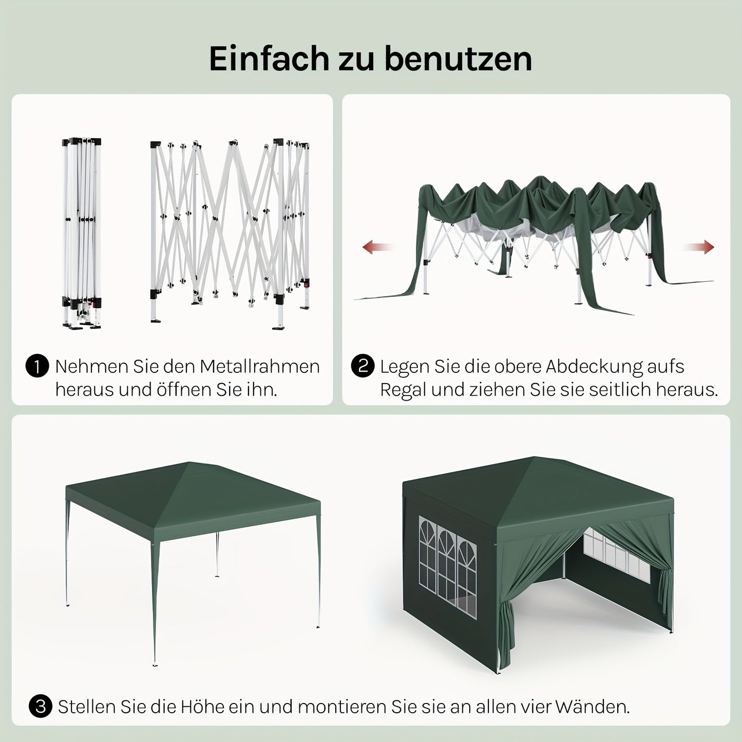 1 Stk. Tragbare Falt-Gazebo, Außenüberdachung, Sonnenschutz-Gazebo mit Seitenwänden, Garten-Gazebo, Partyzelt, Geeignet für Alle Jahreszeiten, Camping-Festival-Pavillon, Oxford-Stoff Metallrahmen, 3m x 3m, Ideal für Gärten, Camping, Festivals, Flohmarkt u