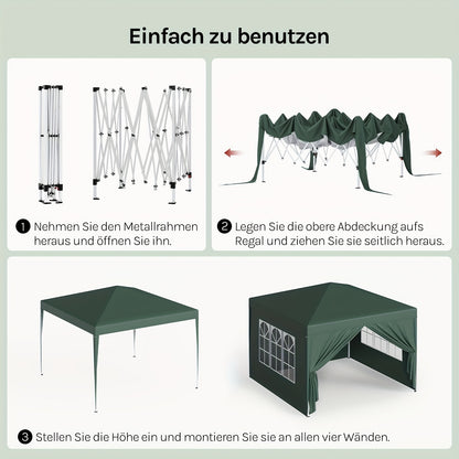 1 Stk. Tragbare Falt-Gazebo, Außenüberdachung, Sonnenschutz-Gazebo mit Seitenwänden, Garten-Gazebo, Partyzelt, Geeignet für Alle Jahreszeiten, Camping-Festival-Pavillon, Oxford-Stoff Metallrahmen, 3m x 3m, Ideal für Gärten, Camping, Festivals, Flohmarkt u