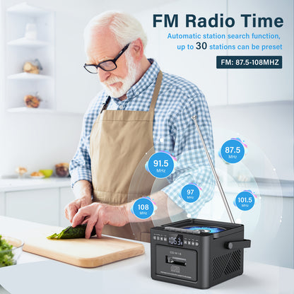 CD-Kassettenspieler-Boombox mit 5000-mAh-Akku, tragbarer CD-Player, 5-W-Dual-Stereo-Lautsprechern, FM-Radio, Fernbedienung, Aufnahmefunktion, 3,5-mm-Kopfhöreranschluss – unterstützt AUX, TF-Karte und USB für Zuhause