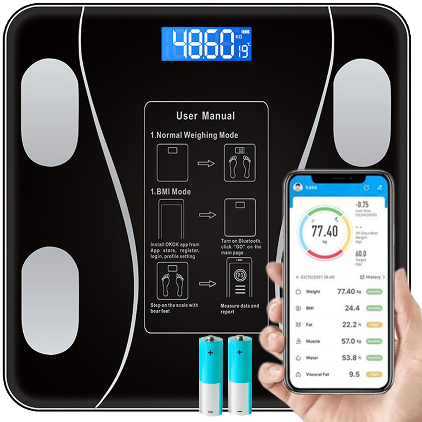 Intelligente Badezimmerwaage RETOO Techpro, analytische Körperfettwaage mit gehärtetem Glas, großes Hintergrundbeleuchtungsdisplay, Messung von Fettgewebe, Muskelgewebe, Wasser, Knochen, BMI, BMR, Synchronisation mit OKOK App, Speichermöglichkeit für 8 Be