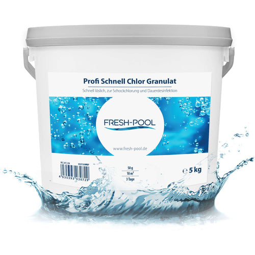 Fresh-Pool Profi Schnell Chlor Granulat, 56% Aktivchlor, 5 kg incl. Dosierbecher - Pool Chlor Granulat | Clorgranulatpool 5kg | Chlorgranulat für Pool