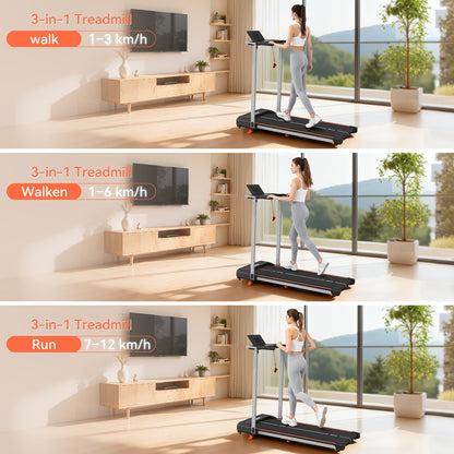2-in-1 Faltbares Laufband für Gehen  Laufen, 2.0HP Spitzen-DC-Motor, 1-12 km/h einstellbare Geschwindigkeit, LED-Multifunktionsdisplay, 12 voreingestellte Programme + Soundsystem, 3 Trainingsmodi, kompakte Heimfitnessgeräte