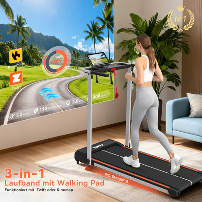 2-in-1 Faltbares Laufband für Gehen  Laufen, 2.0HP Spitzen-DC-Motor, 1-12 km/h einstellbare Geschwindigkeit, LED-Multifunktionsdisplay, 12 voreingestellte Programme + Soundsystem, 3 Trainingsmodi, kompakte Heimfitnessgeräte