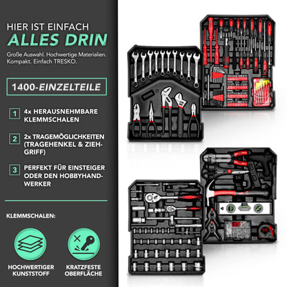 TRESKO® 1400 teilig Werkzeugkoffer Set Komplett | Werkzeugkasten Gefüllt | Werkzeugkiste XXL | Werkzeugtasche mit Werkzeug | Werkzeug Trolley | Chrom-Vanadium Stahl