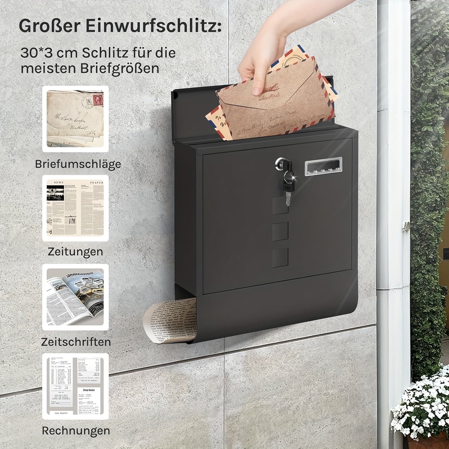 Einzelne Briefkasten, 33,5 x 30 x 9,5 cm für Zeitungen und Wandmontage konzipiert – Detailansicht 3