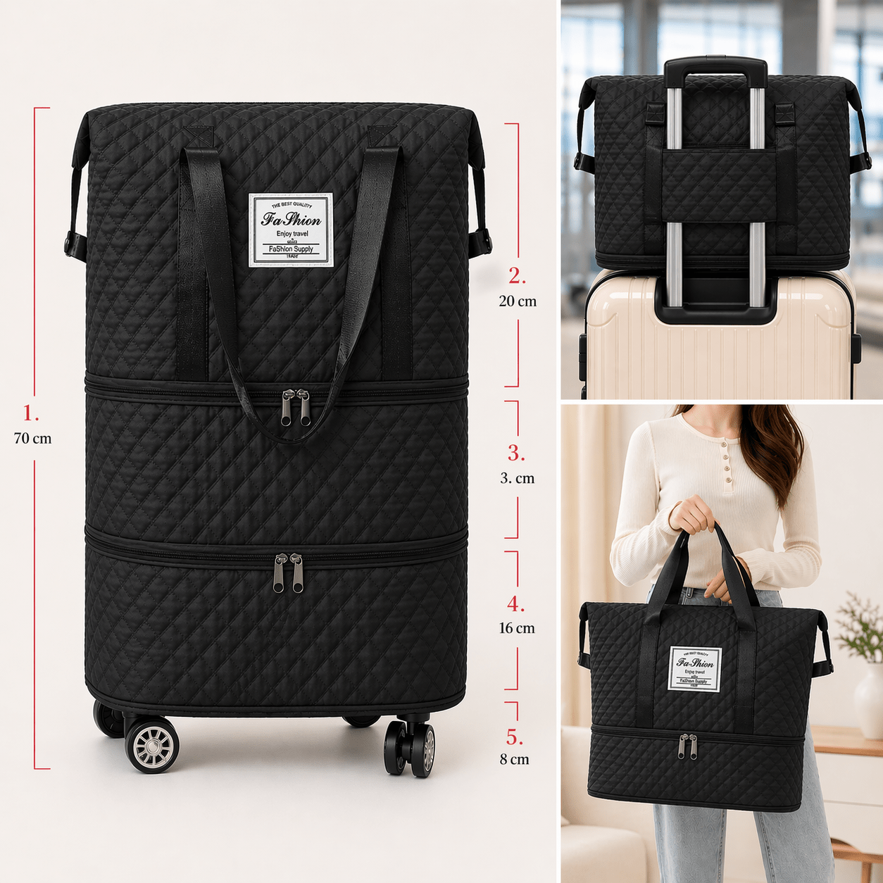 Erweiterbare Reisetasche, Schwarz für Camping und Reisen – Hauptansicht