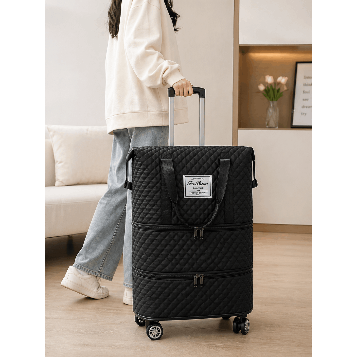 Erweiterbare Reisetasche, Schwarz für Camping und Reisen – Detailansicht 2