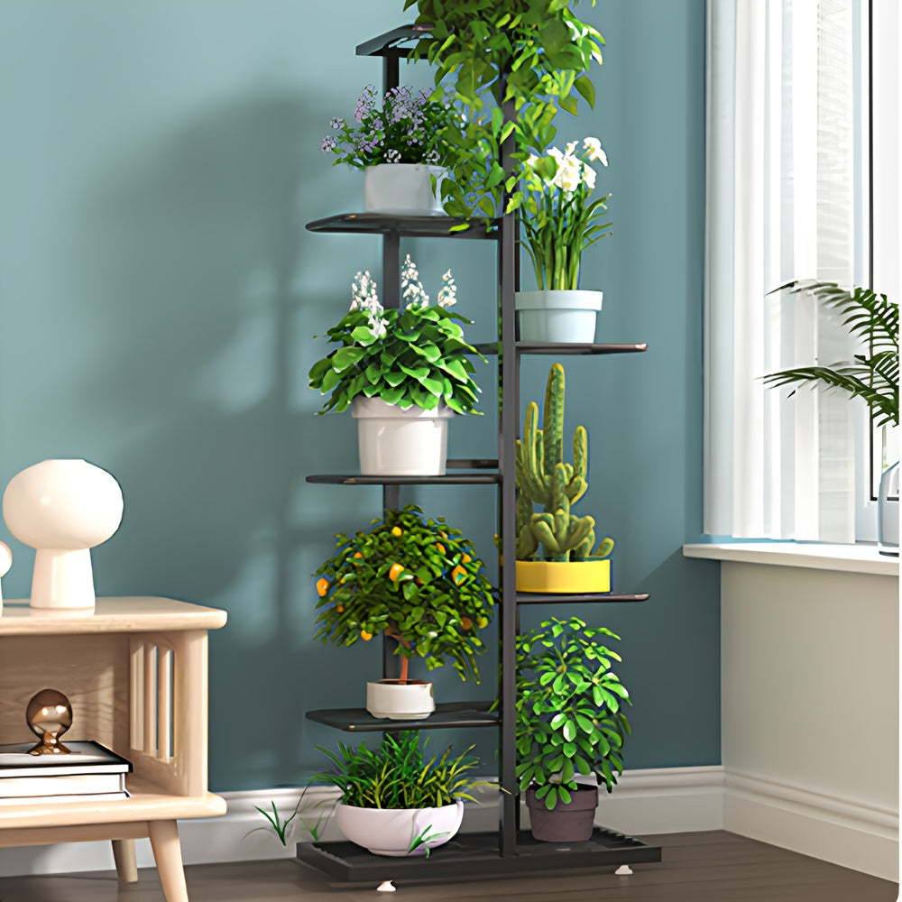 Europäischer Stil Eisenblumenständer, Schwarz, 7 Schichten, 8 Platten für Innen und Außenbereich – Hauptansicht