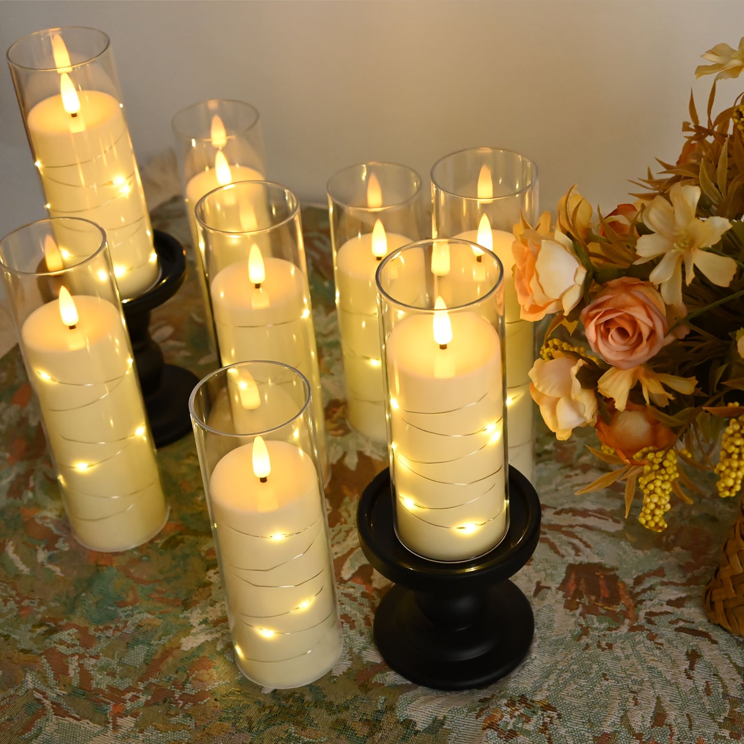8 Stück LED-Kerzen mit eingebetteter Lichterkette für Feen-Lichterketten für Hochzeitsdeko Tisch-Mittelstück, batteriebetriebene flackernde realistische flammenlose Kerzen mit Fernbedienung  Timer für Halloween, Zuhause, Fenster, Kamin-Deko, Weihnachten,