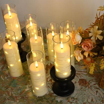 8 Stück LED-Kerzen mit eingebetteter Lichterkette für Feen-Lichterketten für Hochzeitsdeko Tisch-Mittelstück, batteriebetriebene flackernde realistische flammenlose Kerzen mit Fernbedienung  Timer für Halloween, Zuhause, Fenster, Kamin-Deko, Weihnachten,