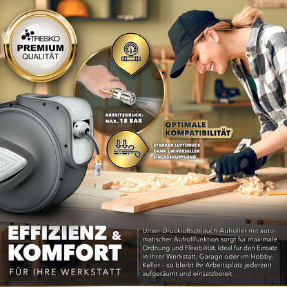 TRESKO® Druckluft Schlauchtrommel automatisch | Druckluftschlauch Aufroller 1/4" Anschluss | Wandschlauchhalter Automatik Schlauchaufroller