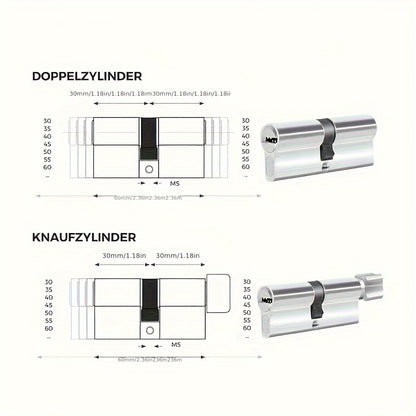 2 Stück Schließzylinder, 30/30, 35/35, 40/40 mm, 2 Stück Spezial-Schließzylinder, Doppelschloss-Türschloss inkl. 5 Schlüssel, Größen: 90 mm, 80 mm, 70 mm, 60 mm